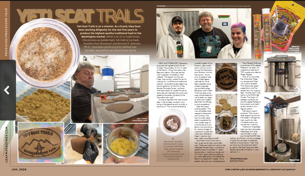 Two-page Yeti Scat Trails feature from Northwest Leaf Magazine, January 2026